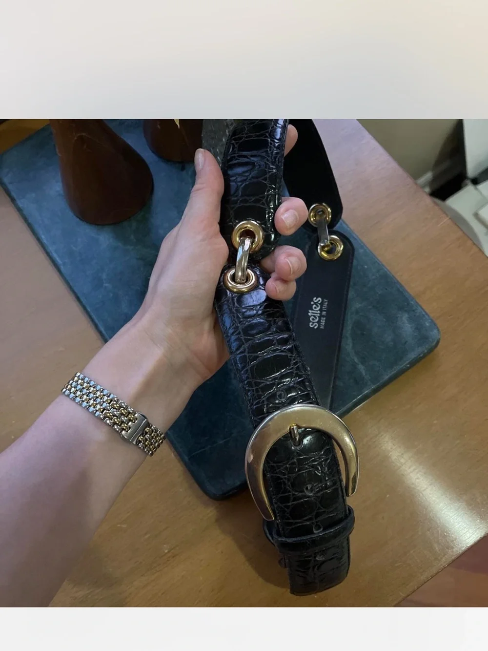 Black Croc-Embossed Italian Leather Waist Belt with Gold Buckle 90